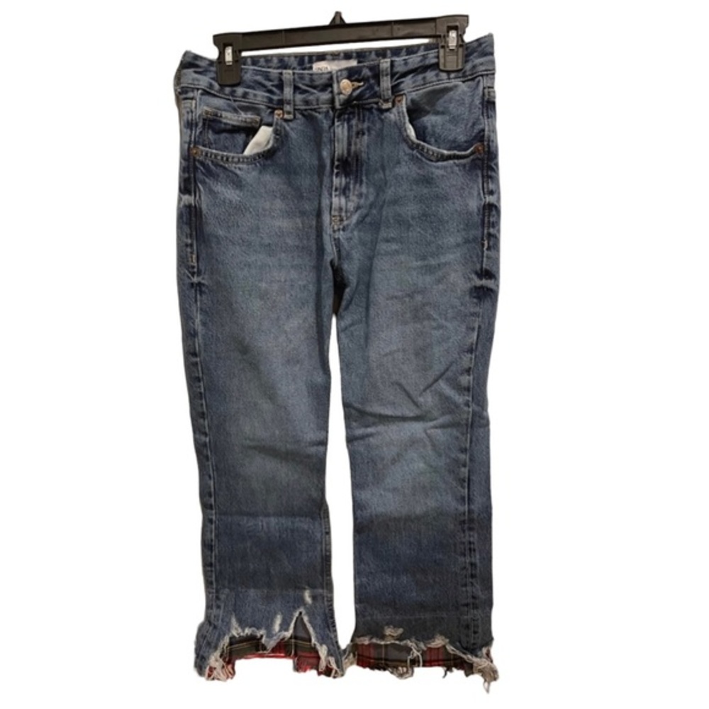 NWT Zara Low Rise Crop flare plaid raw hem‎ jeans